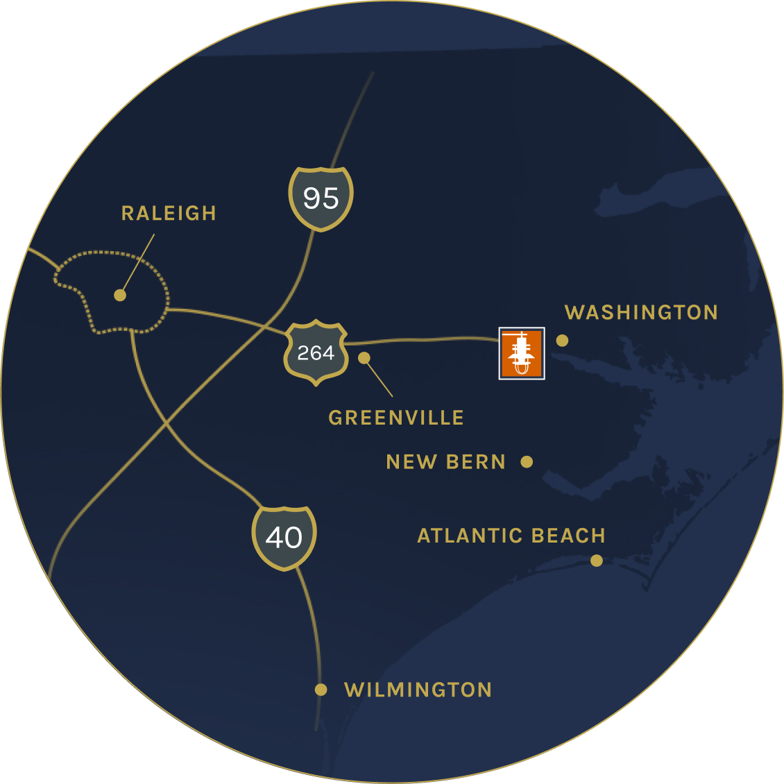 Locator map showing distance from Raleigh to Washington, North Carolina